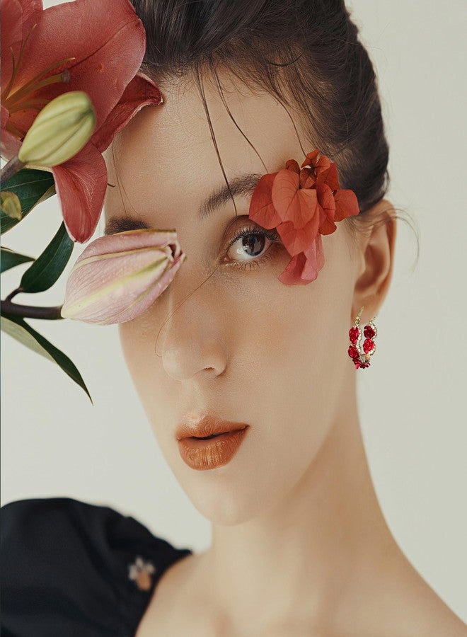 Anmpab Rose Flower Hoop Earrings for Women Rhinestone Floral Camellia Flower Earrings Party Jewelry (Red) - Image 2